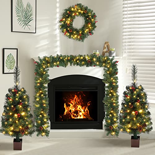 Bonnlo Pre-Lit Christmas Tree 5-Piece Set With Led Lights, Christmas Garlands, Wreath And Set Of 2 Entrance Trees Artificial Christmas Porch Decorations Indoor Outdoor Lighted Decor #TOP2