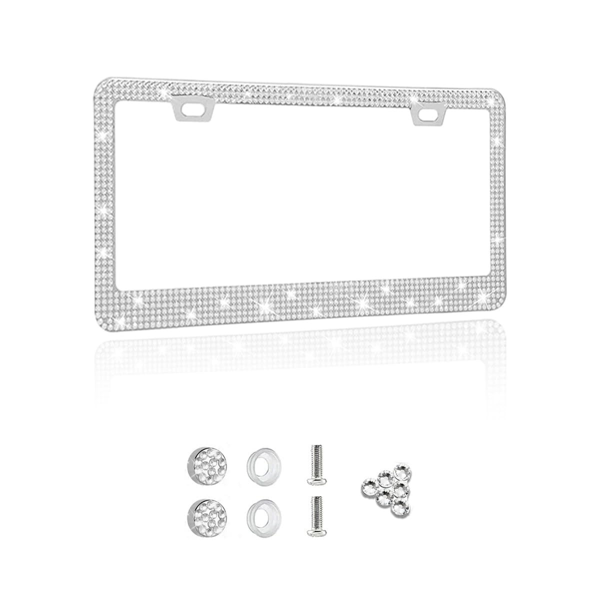 Photo 1 of Bling License Plate Frame, Sparkly License Plate Tag Cover with Multifaceted Rhinestones, Stainless Steel Crystal License Plate Holder (White)