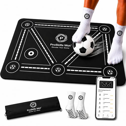 PROSKILLS Football Training Mat Structured Video Training with 4 Skill Levels & Challenge Drills XL 90×60cm Non-Slip Soccer Skills Mat with Grip Socks & Carry Bag (Black)