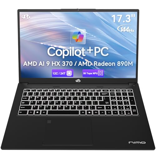 Image of NIMO 17.3 inch AI Laptop, AMD Ryzen AI 9 HX 370(50 Tops NPU), Radeon 890M, 64GB RAM 4TB SSD, DDR5, 144Hz, PD 100W USB-C 4.0, Copilot+ PC AI Laptop with Wi-Fi 6E for Working Business Student