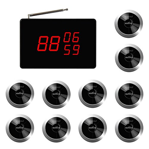 SINGCALL System de Llamada Inalámbrico de Servicios para Restaurantes/Hoteles/Asilo de Ancianos/Hospitales Resistente al Agua en 360°Integral 1 Receptor de Pantalla 10 Botones de Llamada Inalámbricos