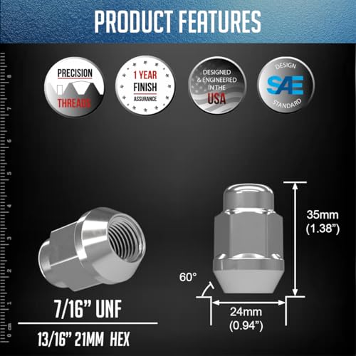 Image of Wheel Accessories Parts 20 Pcs 7 /16 inch-20 Thread Bulge Acorn 35mm 1.38 inch Long Lug Nuts Chrome 13 /16 inch 21mm Hex Fits Many Classic Chevrolet, Buick, Pontiac Vehicles