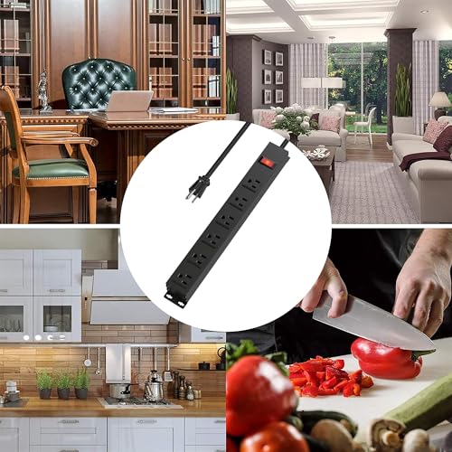 Image of Power Strip with 6AC Outlets 6 Ft UL 14AWG Cord Straight Plug,Metal Wall Mount Heavy Duty Power Strip with Switch for Commercial,Industrial,School and Home,15A /125V /1875W,Black(6FT)