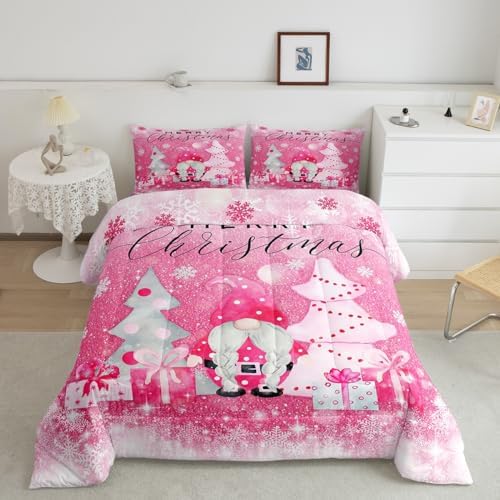 Castle Fairy Girly Christmas Comforter Set Queen Size,Pink Gnome Xmas Pine Trees Gift Bedding Set for Women Adult,Snowflake Stars Glitter Sparkling Luxury Bed Duvet Insert, 2 Pillowcases