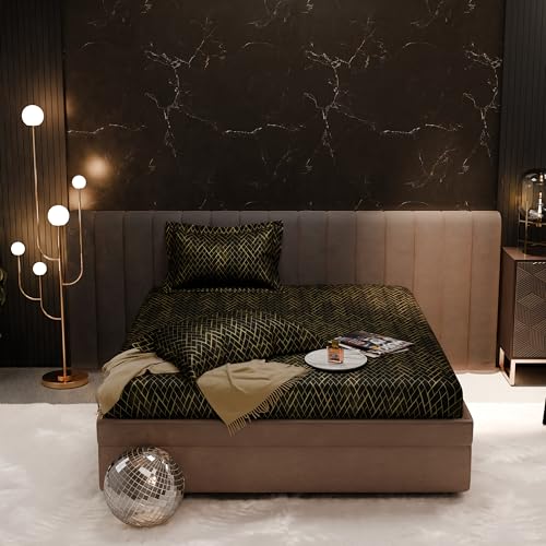 Image of Stoa Paris 300TC UltraSatin Double Fitted Bedsheet Set with 2 Pillow Covers, Gentle on Skin & Hair, Wrinkle & Fade Resistant, Home Decor, Gift for Couple, Starlit Night - Black (152cmx198cm+30cm)