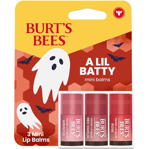 Burts Bees A Lil Batty Halloween Minis Hibiscus Red Dahlia and Rose Tinted Lip Balm Gift Set 100% Natural Origin Lip Care 3 Tubes 0.049 Oz. (Package May Vary)