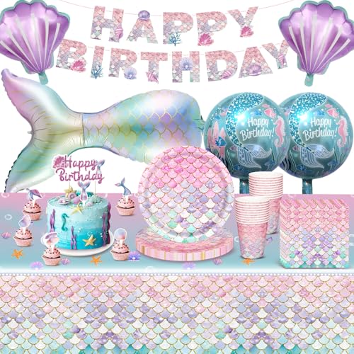 Vaisselle Anniversaire Sirène, 92 Pièces Rose Vaisselle de Fête Coquillages pour 20 Invités Assiettes Tasses Serviettes Ballon en Aluminium Décoration de Gâteau des pour Garçons Filles Enfants