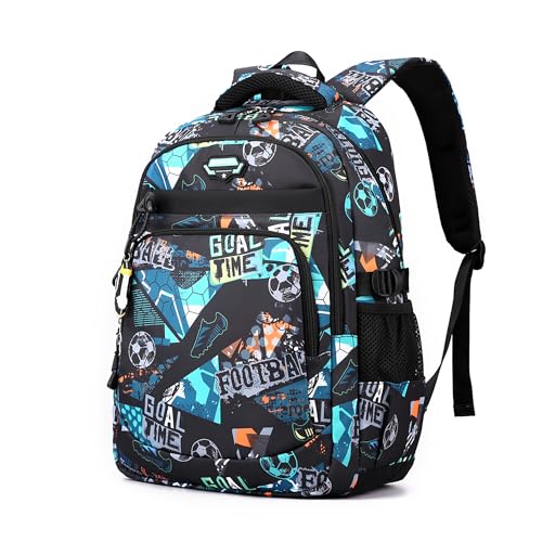 Bansusu Football Print Boys Backpack School Bag for Elementary Secondary, Travel Rucksack Kids Backpack for Boys, Football-Green 01