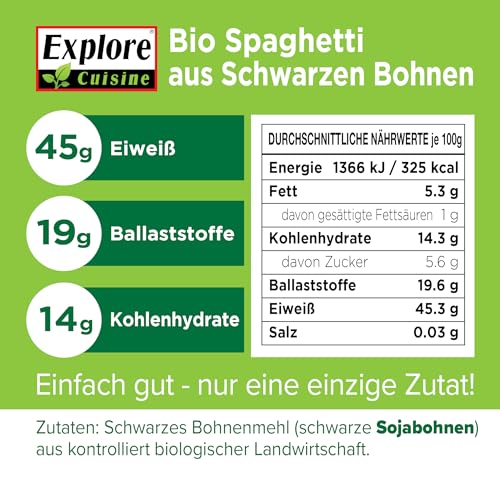Explore Cuisine Bio Spaghetti aus schwarzen Sojabohnen – Glutenfreie schwarze Nudeln, pflanzliche Protein Pasta ohne Zusatzstoffe, ideal bei Zöliakie, wenig Kohlenhydrate, vegan, 200g