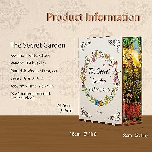 Image of Tonecheer DIY Book Nook Kit for Adults, 3D Wooden Puzzle Bookend Bookshelf Insert Decor, Booknook Miniature House Kit with Body Motion Sensor LED Light (The Secret Garden)