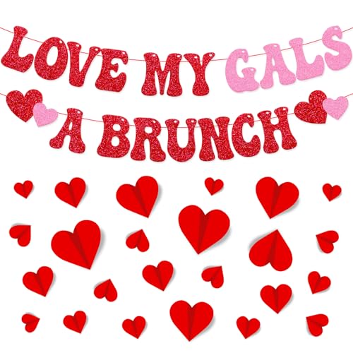 26 PCS Happy Galentines Day Party Decorations Love My Gals A Brunch Banner 3D Red Heart Wall Decor Girls Ladies Friends Galentines Day Party Supplies