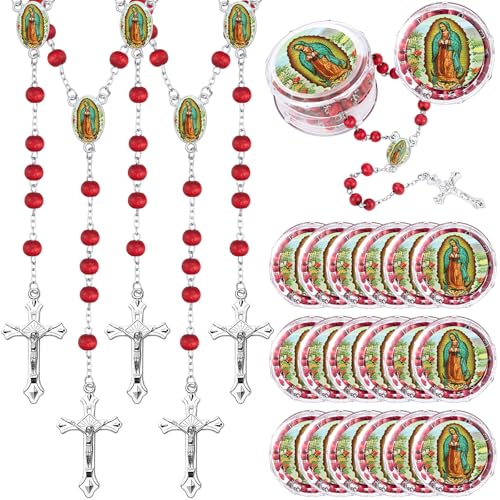 Jadive 100 Pcs Our Lady of Guadalupe Scented Rosary Beads Necklace with Gift Box Wooden Bead Rosary Necklace with Crucifix for Women Men First Communion Baptism Party Favors