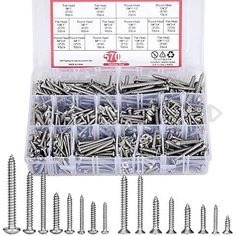 570Pcs Self Tapping Screws Assortment Set, 6#8#10#12 304 Stainless Steel Sheet Metal Screws Kit, Coss Drive Wood Screw Assortment 570pcs (285pcs Round Head and 285pcs Flat Head) Cover