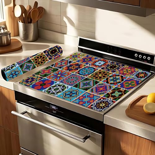 Image of Mexican Tile Stove Top Cover, 20x28 in Cinco de Mayo Stove Covers for Electric Stove Mexica Home Decor Glass Stove Top Mat Heat Resist Gas Range Mat Party Stove Top Protector Kitchen Cooktop Pad