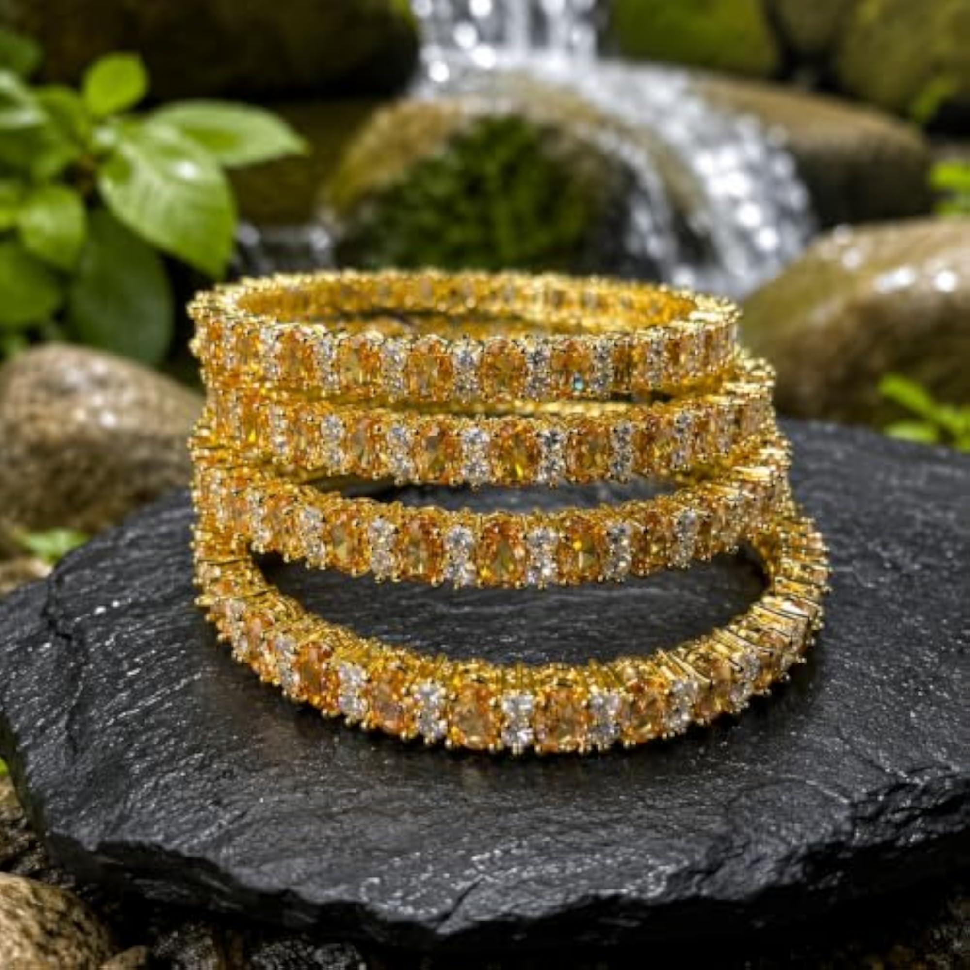 Luxurious Mint Yellow Stone Gold Finish Bangles Set