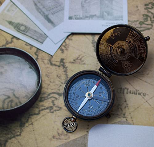 Victorian Marine Kalvin Hughes Calendario Brújula en estuche de cuero rojo | Senderismo bolsillo brújula para hermano/padre Cover
