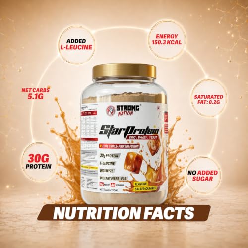 Image of STRONG NATION Star Protien Elite Triple Fusion, Egg, Whey & Yeast Blend | 30g Protien Per Scoop | 2kg (Salted Caramel)