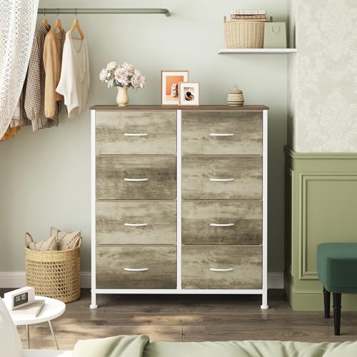 Image of OLIXIS 8 Drawer Storage Dresser for Bedroom, Closet Organizers Units | Fabric Dresser with Wooden Top, Chest of Drawers Clothes Storage, Tower Cabinet, TV Stand Furniture, Oak Greige