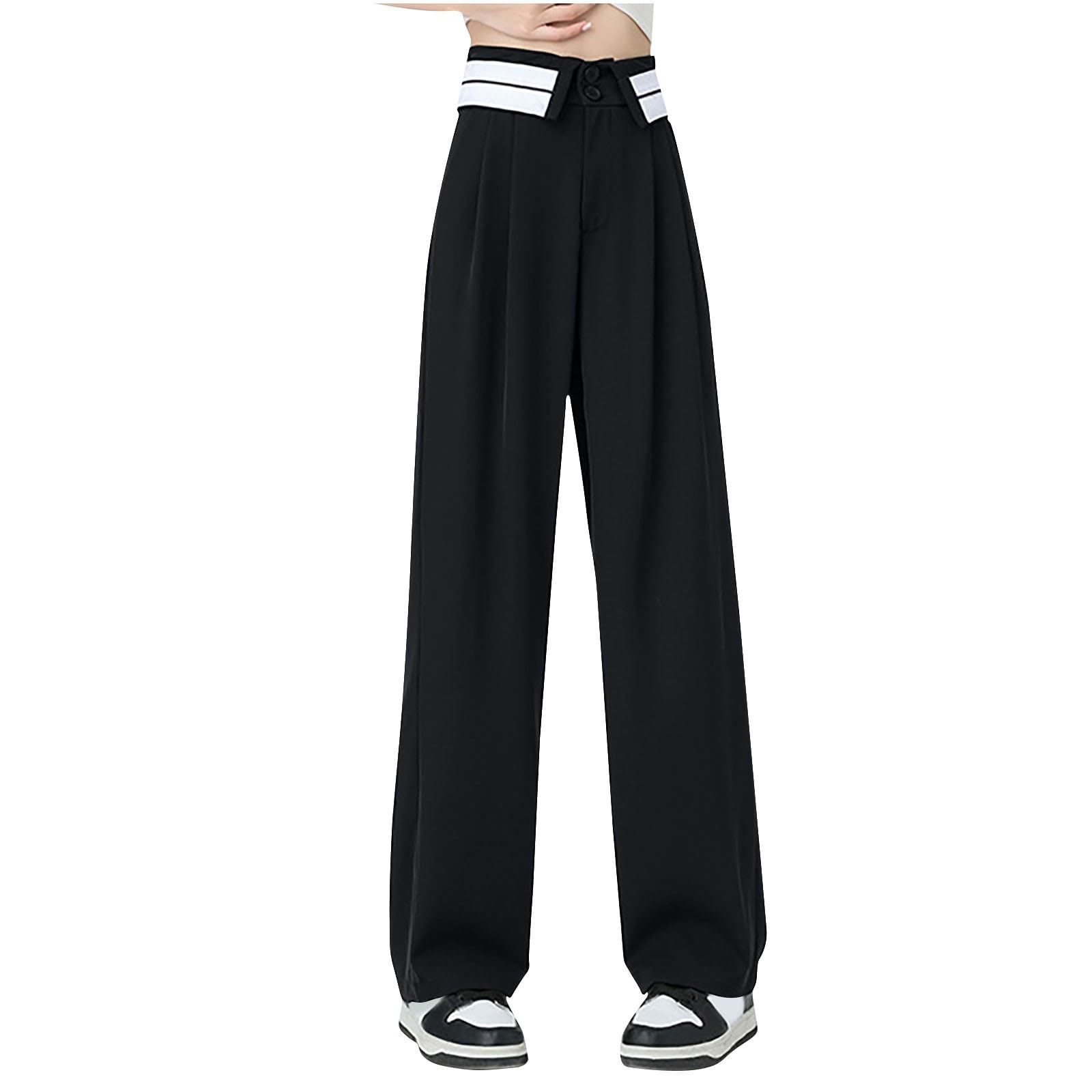 Akklian Womens Wide Leg Work Pants Business Casual High Waisted Loose Lounge Pants Fashion Button Suit Pants Solid