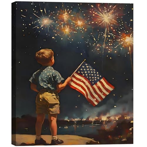 RIBNTAK Patriotic 4th of July Fireworks and American Flag Canvas