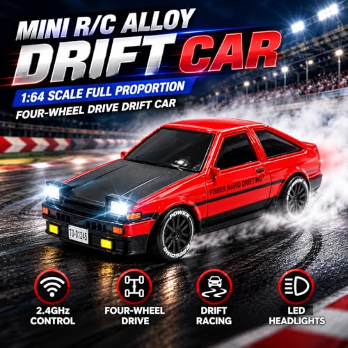 Image of Mini Alloy Off-Road RC Car for Kids 3+ 1:64 Scale Remote Control Car Toys with Strip Lights, 2.4Ghz, USB Rechargeable Toyota Drifting