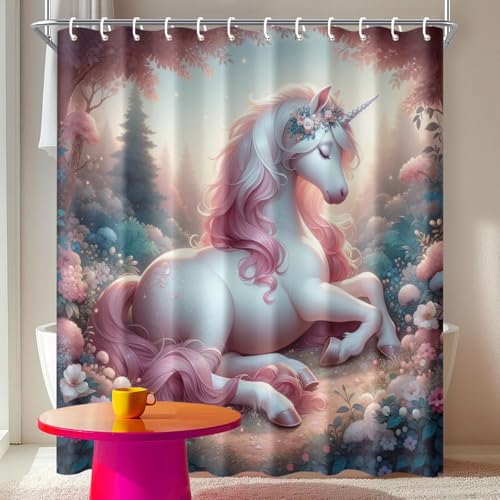 IOHEFY Unicorn Shower Curtain 72x72 Inch Pink Fantasy Bathroom Curtain