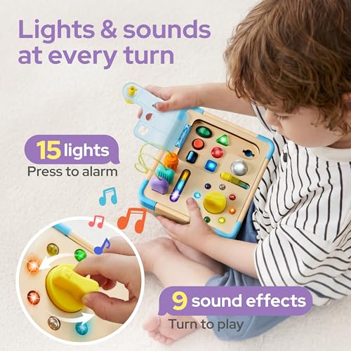 lalalark Busy Board with 15 LED Light – Montessori Learning Toddler Toy with 9 Sounds, 5 Switches & Plugs, Travel Toys Sensory Activity Board for 1 2 3 Years Old Boy & Girl Birthday Gift - Image 4
