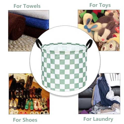 Image of MAIZMZ 3 Pack Sage Checkered Storage Baskets Kids Hamper, 15.7 inchD x13.3 inchH, Waterproof Lining, Leather Handles, Collapsible for Laundry, Toys, Clothes, Gift Set
