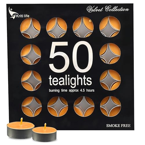 Image of Kriti Life Orange Scented Tealight Candles - 100% Paraffin Wax, Smokeless, Long Burn Time (4.5 Hours), Dripless Orange Candles for Home Decor, Diwali, Weddings & Meditation - Set of 50