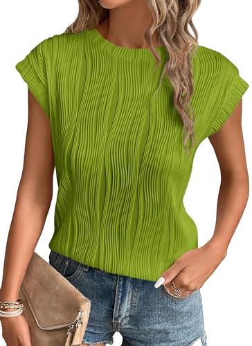 PRETTYGARDEN Blouses for Women Dressy Casual 2026 Spring Summer Business Office Tops Cap Sleeve Textured Cute Work Shirt (Grass Green X-Large)