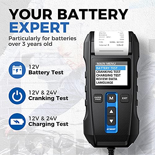 Car Battery Tester 12V 24V 100-2000Cca Lead-Acid Battery, Topdon Bt300P Alternator Tester, Load Tester, With Built-In Printer, Spark Free Metal Clamps, Automatic Reverse Polarity Protection #TOP1