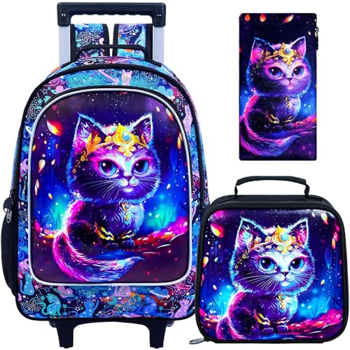 Image of CCJPX 3PCS Rolling Backpack for Girls, Kids Cat Roller Wheels School Bookbag with Lunch Bag, Wheeled School Bag for Toddler Elementary Children