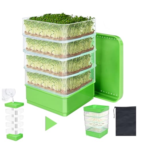 4-Tier Seed Sprouting Kit with Drain Holes and Drain Tray, Upgrade Stackable Microgreens Fresh Organic Bean Seed Sprouter Tray Ripple Soil-Free Sprouter Tray for Beans Alfalfa Seeds
