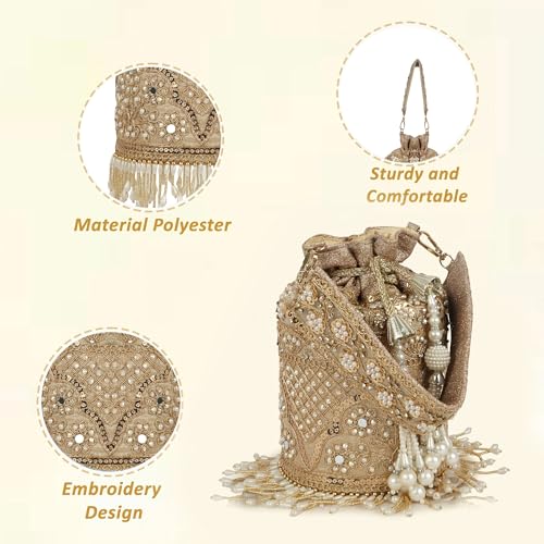 Image of Nevis Silk Fabric Designe Embroidered Potli Bag with Pearl Tassels & Beaded Strap | Bridal Ethnic Drawstring Clutch for Wedding