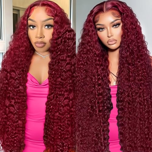 Finsa 30 Inch Burgundy Wig Human Hair 13x6 200% Density Deep Wave Hd Lace Front Glueless Wigs Curly Wig Human Hair Pre Plucked With Baby Hair