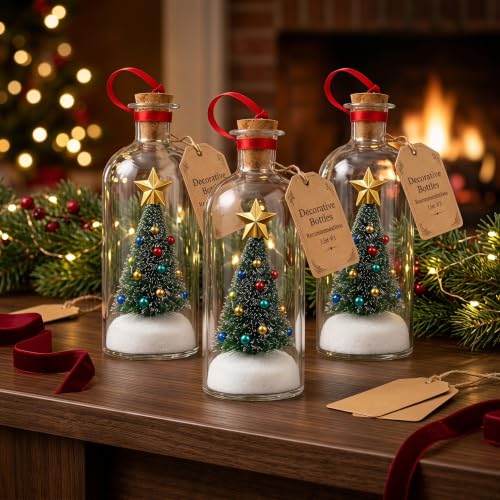 Image of Recordable Christmas Tree in a Bottle Ornaments with Lights - 30-Second Voice Recording Keepsake with Snowy Mini Trees, Glass Holiday Decorations for Mantel & Home