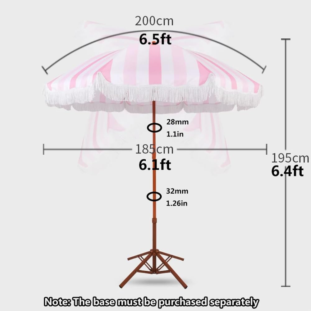 200 cm Parasol Plażowy Boho w Paski z Frędzlami, Przenośny Parasol Ogrodowy z Nachylenia o 45° UPF 50+ do na Basen, Kemping i Pikniki