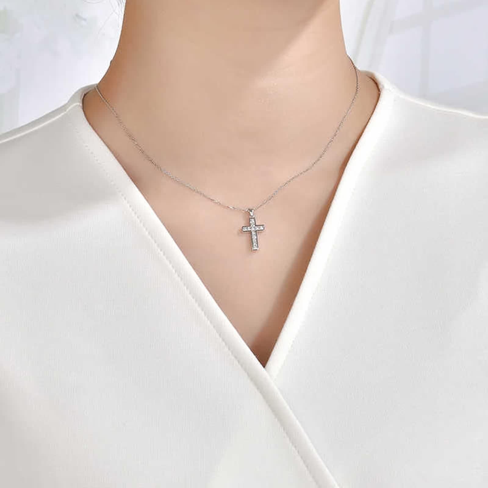 Collana lunga da donna con ciondolo a forma di croce, in oro bianco 9 K/14 K/18 carati
