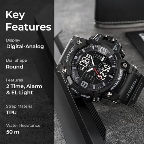 Image of Skmei Sports Watch for Men and Boys, Dual Time, Chronograph, Alarm and EL Light, 50m Waterproof, Bold Design- 2222