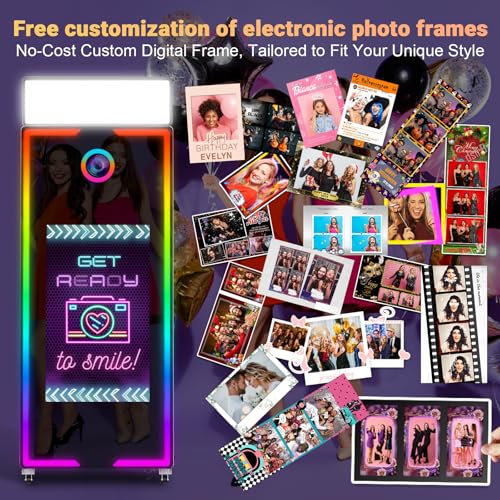 Image of Magic Mirror Photo Booth with Camera and Printer 65'' Mirror Photo Booth with 32'' Interactive Touch Screen Built-in Mini PC with Instant Print Rental Wedding Party (Black+Camera+Printer, 65-32in)