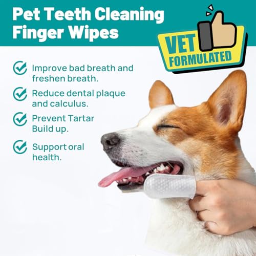 Image of 60 Pcs Cleaning Pet Wipes-All Natural Disposable Pet Cleaning Finger Cover-Cat Dog Ear Cleaner Wipes-Teeth Cleaning Wipes Reduces Tartar and Plaque
