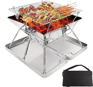 KAHEIGN Camping Holzofen Tragbar Edelstahl Camping-Grill, Faltbar BBQ Feuerstelle Grill für Campingkocher aus Edelstahl mit Tragetasche für Camping Picknick BBQ