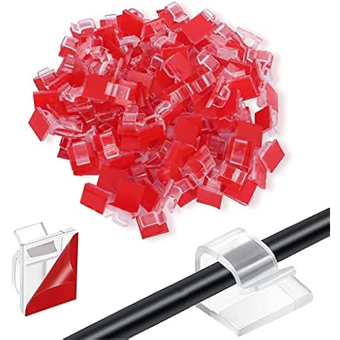 60/120PC Adhesive Cable Clips Outdoor Light Wire Clips , Cable Tidy Hooks Cord Organiser Holder, for Cable Management, Christmas Hanging Decorations Fairy Light ,Car , Under Desk(Clear, Red) (120) Cover