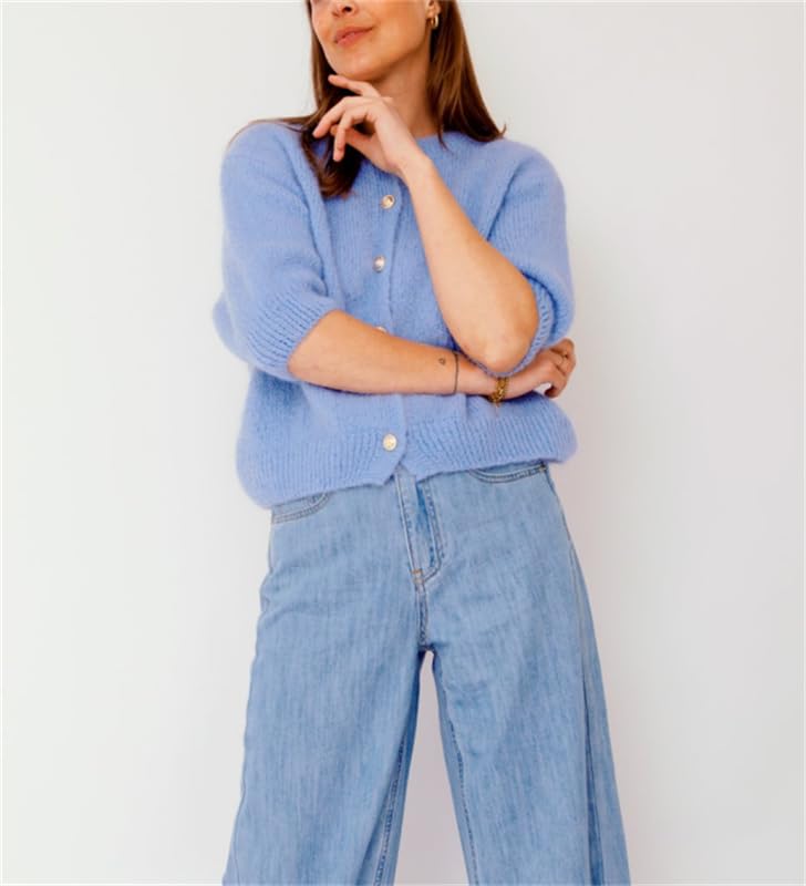 Image of Women Knitted Crop Cardigan Shirt Short Sleeve Button Down Ribbed Knit Crop Top Y2k Girls Outwear Top Tee Shirt