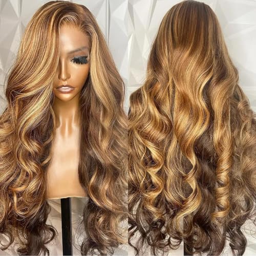 TDGBLS 200% Density 13x6 Highlight Ombre 4/27 Honey Blonde Hd Lace Front Wigs Human Hair Full Lace Frontal Highlighted Wig 13x6 Body Wave Highlights Wig Human Hair Wigs for Women