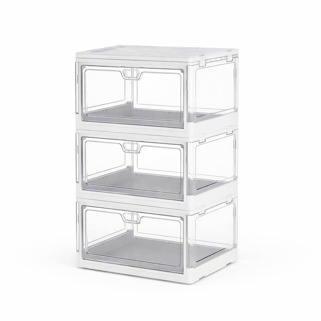 Minifactory Storage Boxes with Lid, 23L Clear Plastic Storage Box with Wheels & Front Door, Stackable and Foldable Organiser Box for Easy Kitchen, Bedroom, Office Organisation (3 Tiers)