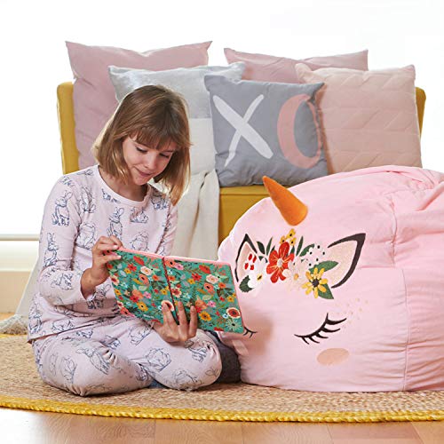 Aubliss Stuffed Animal Storage, Velvet Bean Bag Chairs Cover, X-Large 38" Ultra Soft Kids Toy Storage Organizer For Blankets Towels Clothes, Unicorn Pink Floral #TOP3