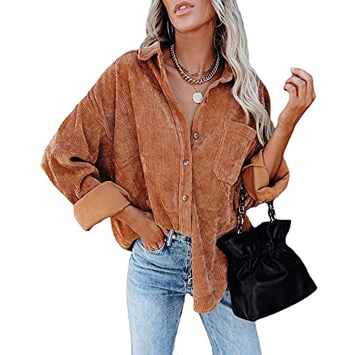 Neu Cordhemd Cordjacke Damen Oversize Shirt Frauen Hemdjacke aus Cord Langarm Lose Revers Cordstoff Bluse, Frühling Herbst Hemd Outwear (Karamell, M) Cover
