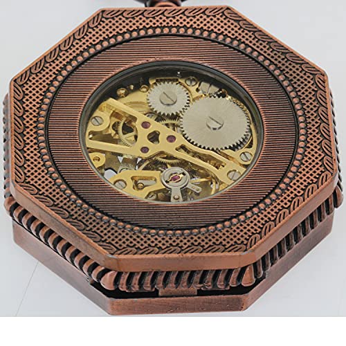 Fobtime Vintage Copper Bronze Octagonal Hollow Skeleton Manual Mechanical Pocket Watch Hand Winding Arabic Roman Numbers Chain Clocks #TOP5