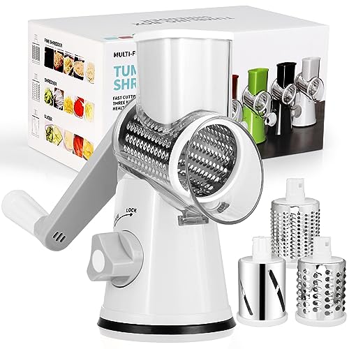 Diealles Shine Käsereibe mit Kurbel, Reibe für Gemüse mit 3 Edelstahl Austauschbaren Trommelklingen, Manuelle Trommelreibe, Gemüseschneider, Ideal für Gurken, Käse und Nüsse, Karotten usw(Weiss)